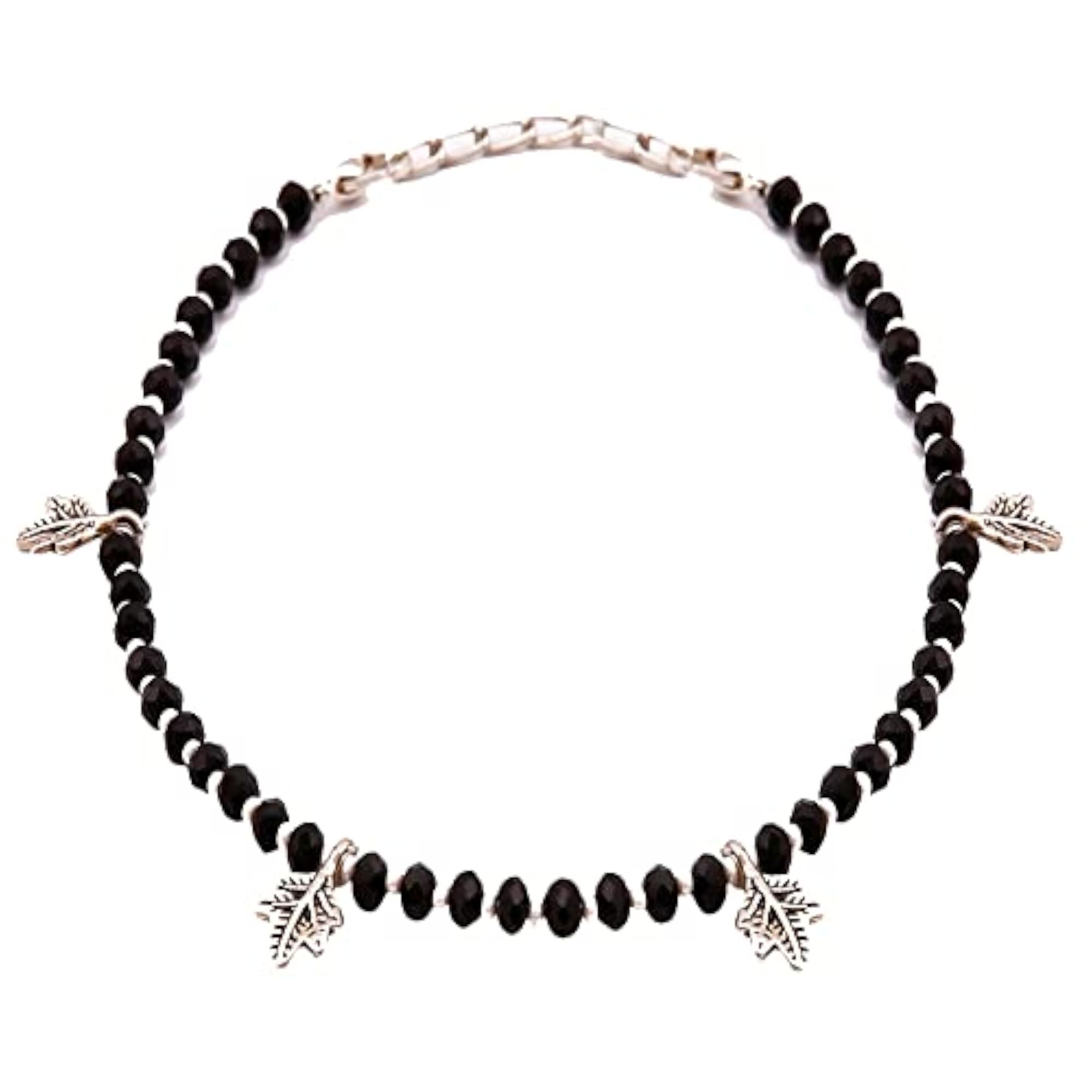 Women's Handmade Silver Glossy Black Beads Chain Anklet